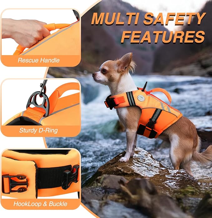 VIVAGLORY Sports Style Dog Life Vest, Dog Life Jacket for Swimming & Boating, Ripstop & Buoyancy for Puppy Doggy, Lifejacket with Handle, XS, Dark Orange