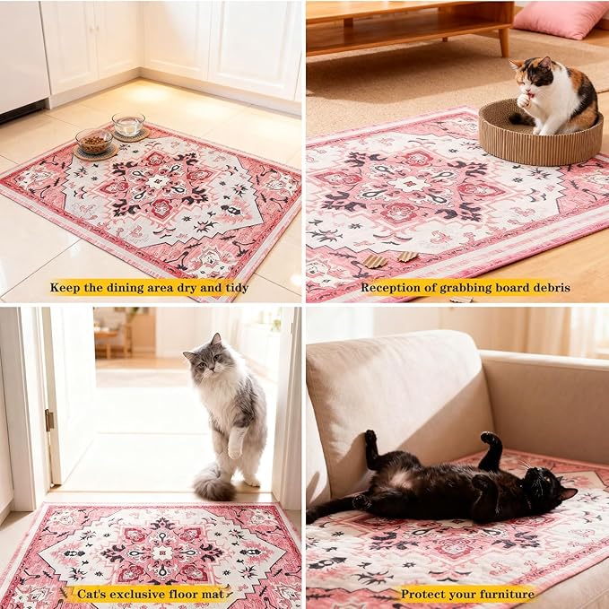 EXPAWLORER Cat Litter Mat, 28”x36” Medium Non-Slip Urine Waterproof Litter Trapping Mat Easy to Clean Washable Litter Box Mat for Floor Soft on Kitty Paws, Indoor Food Mats Rug Pads for Bathroom Pink