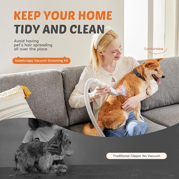 DUMOS Pet Grooming Vacuum Kit, 3 Adjustable Suction Modes Dog Clipper, 5 Professional Grooming Tools with Cordless Low Noise Cat Hair Clippers, 2.5L, Ivory