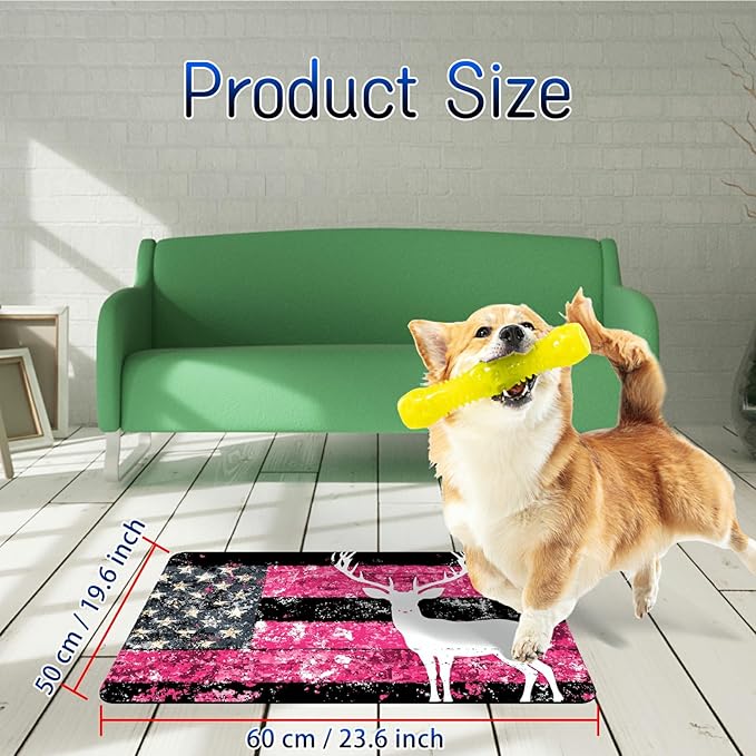 Dog Food Mat, 19.6" x 23.6" Absorbent Pet Feeding Mat for Food and Water, Waterproof Diatom Mud Pet Placemat with Non-Slip Rubber Backing, Easy Clean Cat Bowl Mat for Floors - Pink Flag Deer