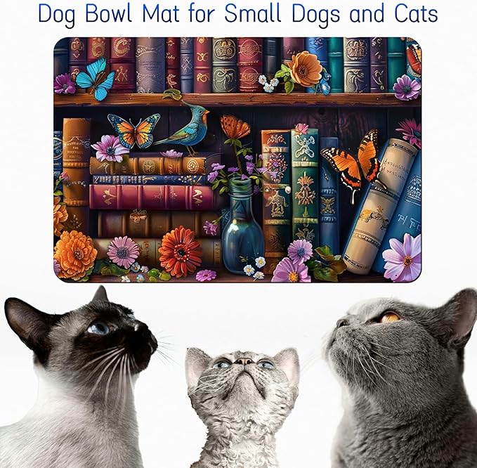 Dog Food Mat, 19.6" x 23.6" Absorbent Pet Feeding Mat for Food and Water, Waterproof Diatom Mud Pet Placemat with Non-Slip Rubber Backing, Easy Clean Cat Bowl Mat for Floors - Flower Book