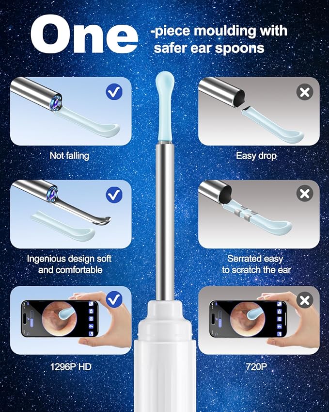 Ear Wax Removal Tool Camera, Ear Cleaner with Camera, Ear Cleaning Kit 1296P HD Ear Scope, 6 LED Lights and 6 Ear Picks, Earwax Removal with Otoscope to Earify Earwax for iOS and Android