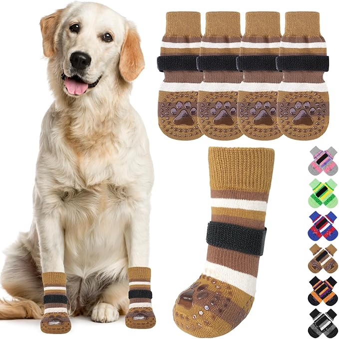 KOOLTAIL Anti Slip Dog Socks for Hardwood Floors to Prevent Licking Paws with Grippers, 2 Pairs Paw Protector, Double Sides Stripe Dog Shoes Grips for Small Medium Large Senior Dogs S