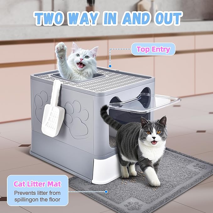 Covered Cat Litter Box with Litter Mat, Foldable Extra Large Dual Entry Adjustable Door, Drawer Design Enclosed Kitty Litter Box, Odor Control Anti-Splashing Easy Cleaning (Medium Grey)