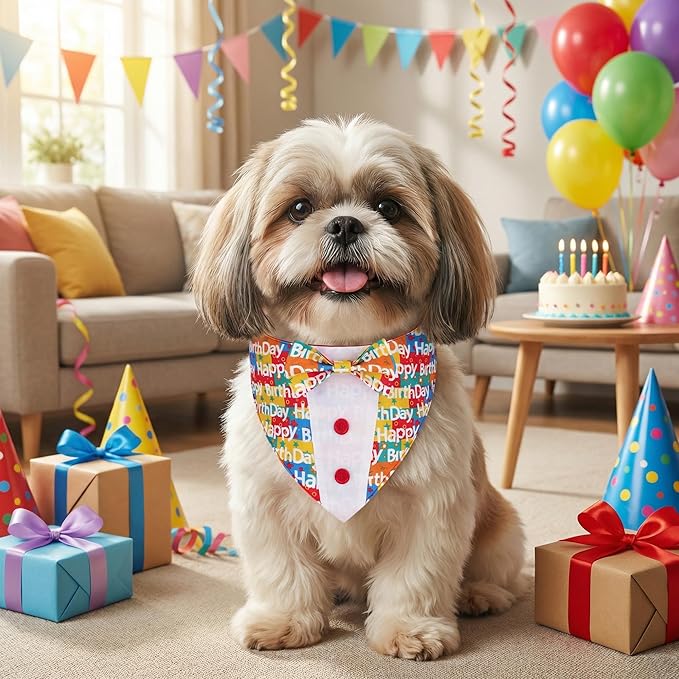 ADOGGYGO Birthday Dog Tuxedo, Adjustable Happy Birthday Print Pet Bowtie Collar Bandana for Small Dogs (S)