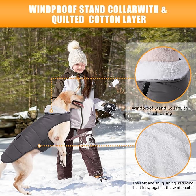 Dog Winter Jacket for X-Large Dogs, Easy on Dog Snow Coat Velcro Waterproof Pet Puffer Coat with Harness Hole Adjustable Reflective Quilted Pet Cold Weather Vest Wind-Poof for Boy Male