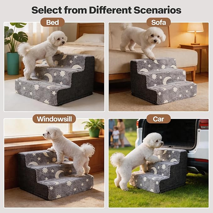 Pawise 3 Step Dog Stairs, Glow in The Dark Pet Steps, Non-Slip Dog Ramp with Zipper, Star Moon Pattern Plush Pet Stairs for Couch Sofa Bed, Indoor Portable Steps for Medium Large Dogs and Puppy