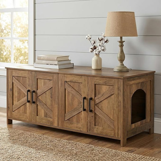 Homhedy Cat Litter Box Enclosure for 2 Cats, Wooden Pet Washroom Furniture with Double Room, Cat House, 47.2”L x 19.7”W x 19.7”H, Rustic Walnut
