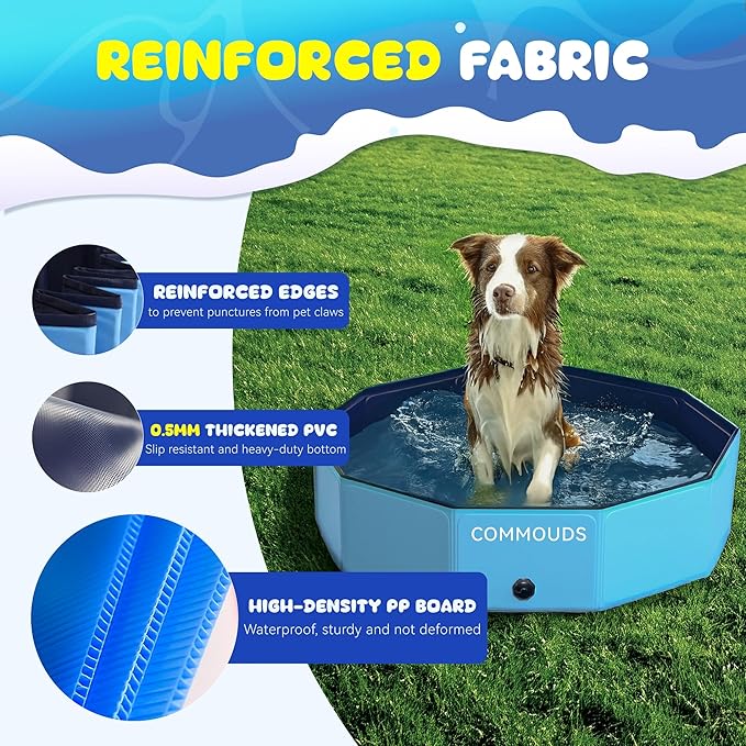 COMMOUDS Foldable Dog Pool, Hard Plastic Dog Kiddie Swimming Pool, Collapsible Pet Bath Tub Wading Pools for Kids and Puppy Small Medium Large Dogs (48inch.D x 12inch.H)