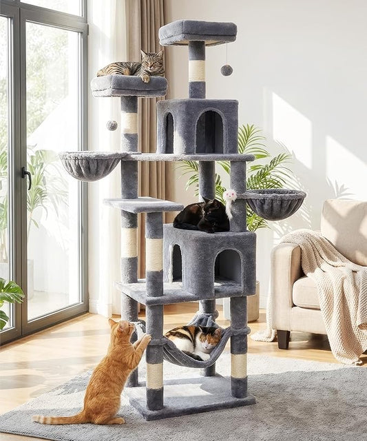 AMHANCIBLE 70 Inch Cat Tree for Large Cats, Multi-Level Cat Tower Condo with 2 Houses & Hammock for Indoor Cats, Tall Heavy Duty Kitty Playhouse, Grey, PT18GY