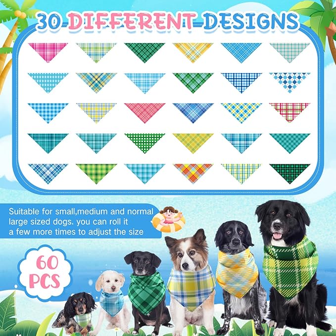 Geyoga 60 Pcs Summer Plaid Dog Bandanas Bulk Hawaiian Pet Scarf Bibs Adjustable Washable Kerchief Seasonal Pet Grooming Supplies for Small to Large Dogs Cats Costume Accessories