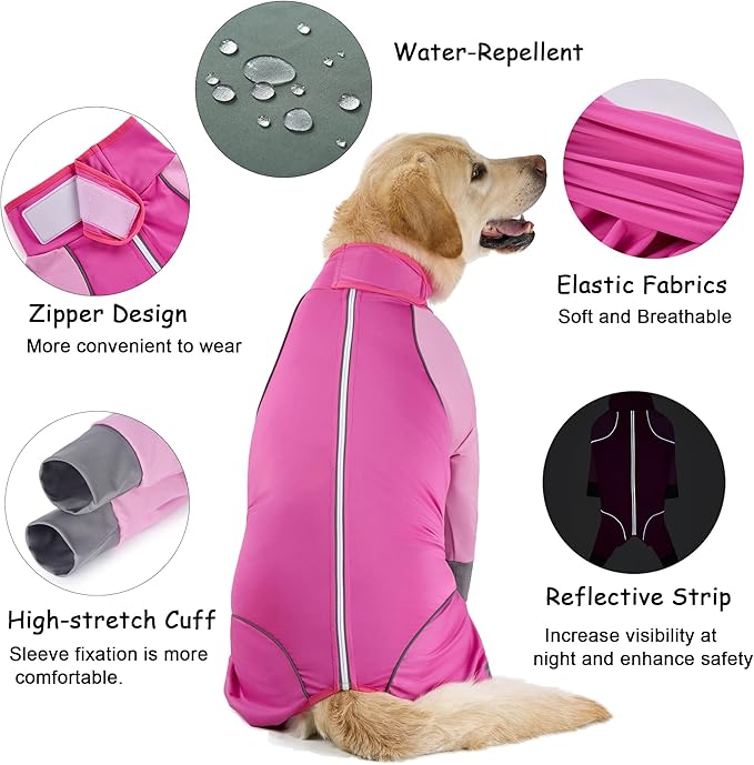 Dog Onesie Coat - Water-Repellent & Stretchable, Dirt-Resistant Outdoor Puppy Suit with Reflective Strips | Controls Shedding | for Small, Medium, Large Dogs (Fuchsia Pink, 4XL(Weight 50-70 lbs))