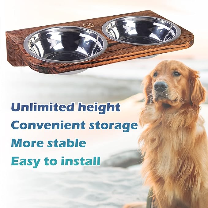 Elevated Dog Bowl Stand Mounted Elevated Pet Feeder Includes 2 Stainless Steel, Adjustable Dog Bowls for Medium-Large Dogs 44 Oz