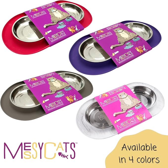 Messy Cats Double Silicone Feeder with Stainless Saucer Shaped Bowl | Anti-Slip Non-Skid Cat Food Bowls | Two Cat Bowls in Feeding/Water Station | 1.75 Cups per Bowl (Grey)