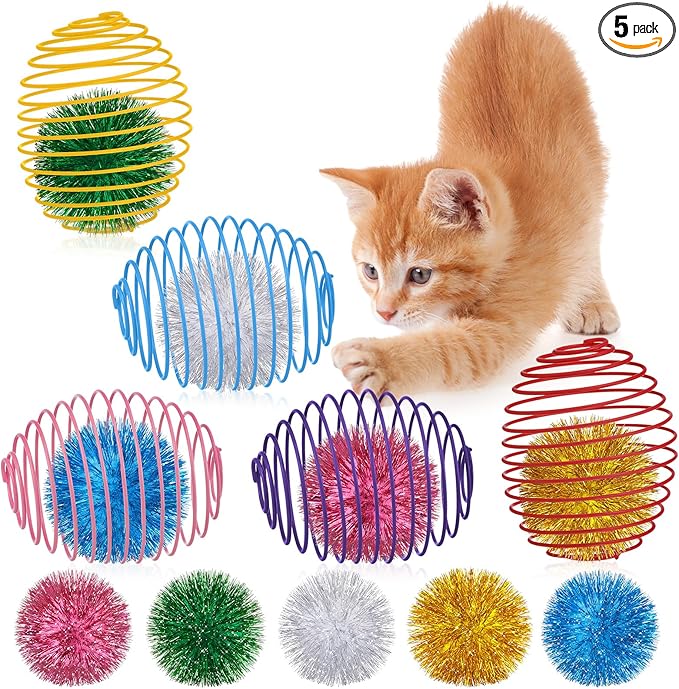 Jecery 5 Pcs Cat Spring Toys Stretchable Rolling Balls Colorful Playful Coils Interactive Action Toy Caged Rats for Kitten Pet Supplies (Glitter Balls,Multicolor)