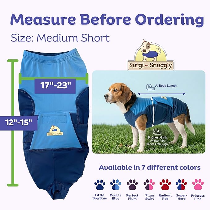 Surgi Snuggly Dog Surgery Recovery Suit - Dog Onesie for Post Surgery Recovery, Female Spay & Male Neuter - Surgical Suit for Dogs, E-Collar Cone Alternative, Double Blue - Medium Short - 12"-15" (EC)