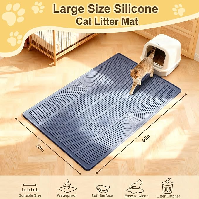 Cat Litter Mat Extra Large 40"x28" Silicone Waterproof Litter Trapping Mat for Litter Box, Non-Slip Urine-Proof Kitty Litter Box Mat with Deep Grooves, Easy Clean Scatter Control Pet Mat (Gray)