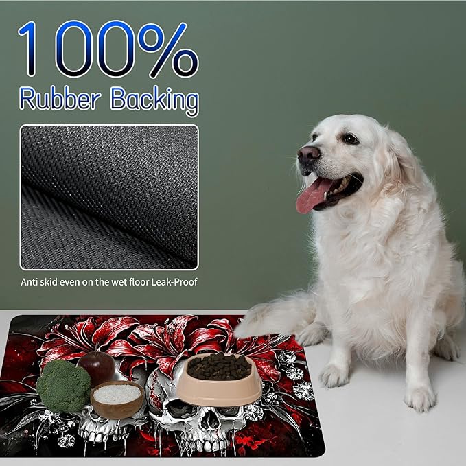 Dog Food Mat, 19.6" x 23.6" Absorbent Pet Feeding Mat for Food and Water, Waterproof Diatom Mud Pet Placemat with Non-Slip Rubber Backing, Easy Clean Cat Bowl Mat for Floors - Red Lily Skull