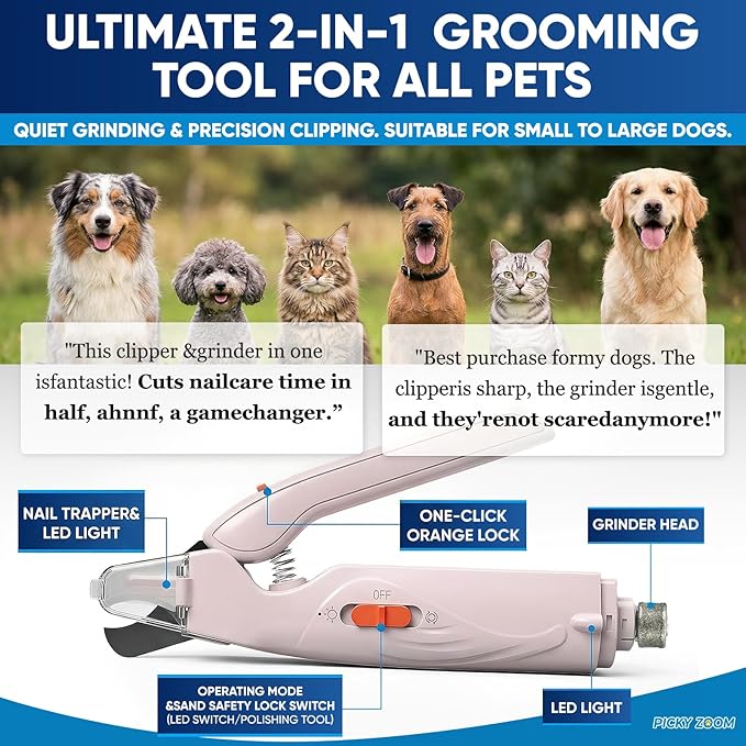 2-in-1 Dog & Cat Nail Clippers and Grinder with Light – Safety Guard to Avoid Overcutting, Sharp Blade, Painless Quiet Pet Nail Claw Trimmers, Professional Grooming Tool for Large Small Pets