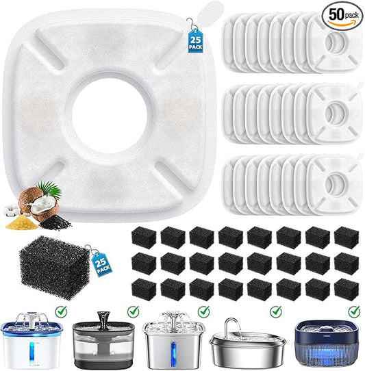 50 Pcs Cat Water Fountain Filters for Veken 95oz/2.8L, 67oz, 85oz, 135oz Dog Water Fountain Automatic Pet Fountain Dog Water Dispenser 25Pcs Pet Fountain Filter Replacement & 25Pcs Pre-Filter Sponges