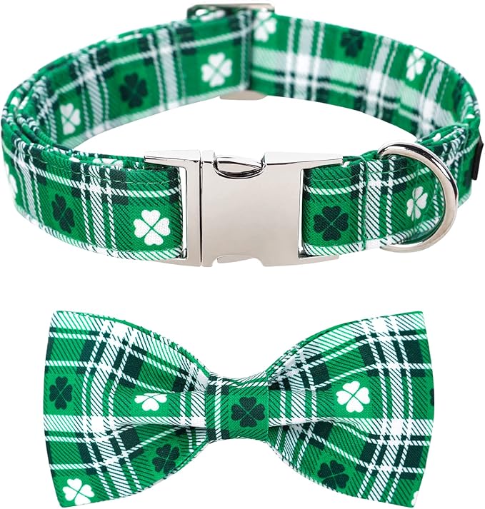 Lionet Paws St Patricks Day Dog Collar with Bowtie, Irish Green Shamrock Clover Bowtie Collar with Metal Buckle for Dogs Girl Boy, XL, Neck 16-26 in