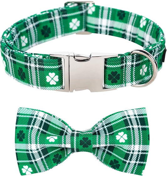 Lionet Paws St Patricks Day Dog Collar with Bowtie, Irish Green Shamrock Clover Bowtie Collar with Metal Buckle for Dogs Girl Boy, XL, Neck 16-26 in