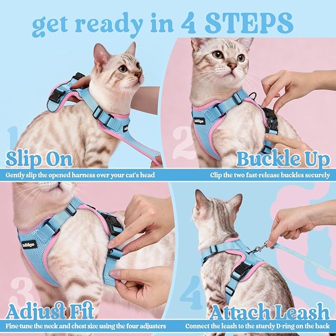 rabbitgoo Cat Harness and Leash Set, Escape Proof Kitten Harness for Safe Outdoor Walks, Soft Breathable Adjustable Vest with Reflective Strips for Kittens and Extra Small Cats, Light Blue & Pink, XXS