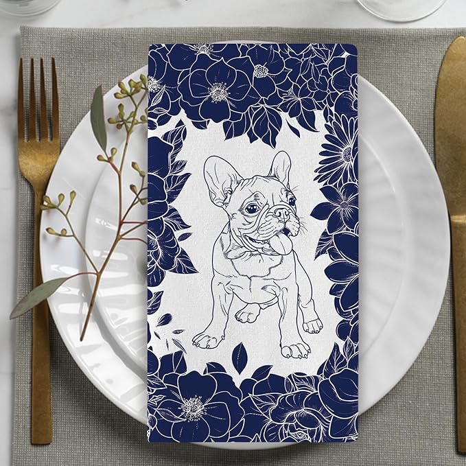 Chinoiserie French Bulldog Flower Kitchen Dish Towels Set of 2, Retro Blue White Grandmillennial Dog Floral Drying Hand Towel Baking Cooking Cloth, Vintage Pet Bathroom Home Decoration 18''x26''