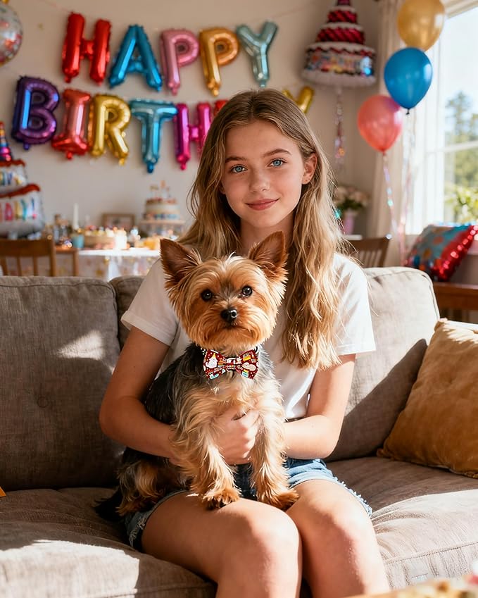 PET SHOW 10 Pack Happy Birthday Small Dog Bow Ties Sliding Collar Attachment Puppies Cats Pet Bowties for Party Balloon Cake Bowknots Collar Charms Grooming Accessories