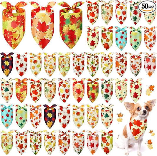 Abbylike 50 Pcs Fall Thanksgiving Dog Maple Leaves Bandanas Bulk Bandanas for Dogs Triangle Kerchief Bib Scarf for Pets Autumn Costume Photo Props Accessories Pet Shops, 25 Styles (25.6 x 17.7 x 17.7)