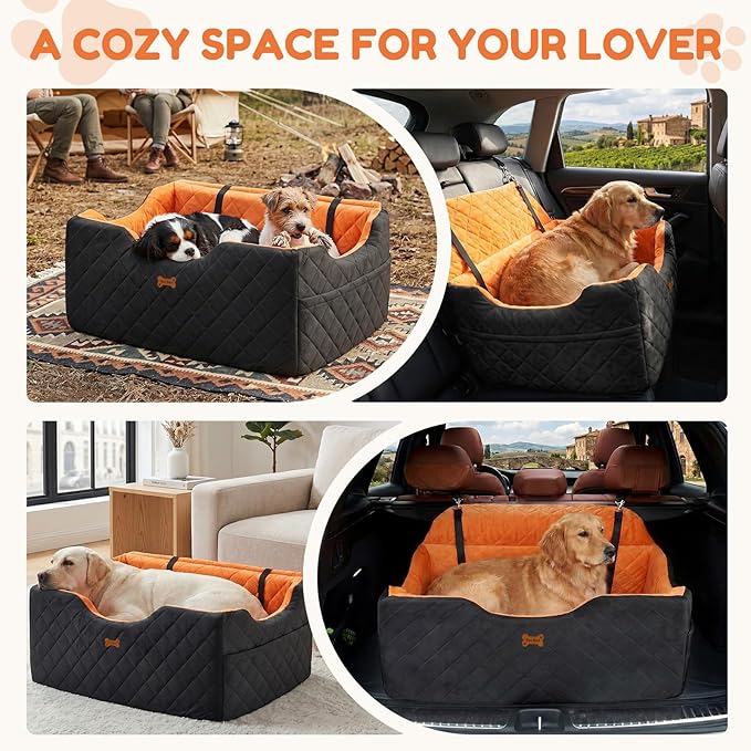 Dog Car Seat for Large Dogs - Foam Dog Booster up to 55 lbs, High Depth Car Pet Seat with Storage & 2 Safety Leash, Portable Cat Travel Beds, 1-inch, Black