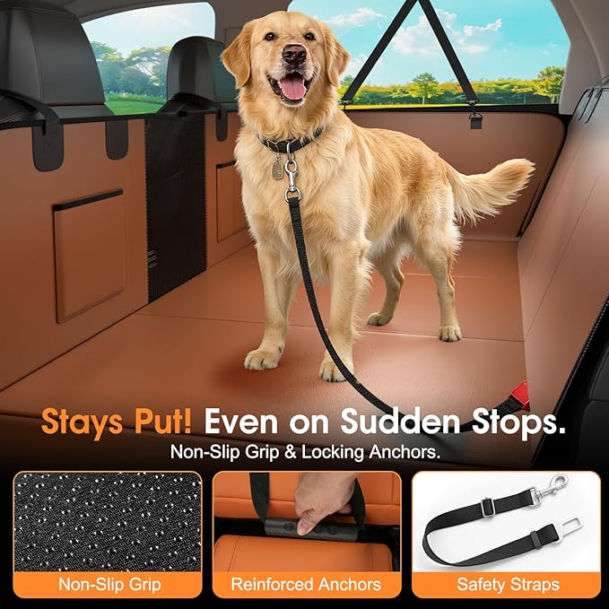 Hard Bottom Dog Car Seat Cover for Back Seat, 52"x65" Waterproof PU Leather Hammock with Side Flaps, Non-Slip Heavy Duty Protector for SUVs & Mid-Size Trucks, Supports Up to 450 lbs – Brown