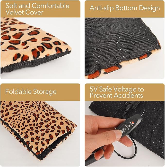 USB Heating Warmer Pad Bed for Cat, Small Dog and Pet, Safe 5V2A Power-Bank Battery Operated, 3-Temperature Settings, Washable, for Indoor and Outdoor Use. 15" x 19" x 0.6" (Leopard)