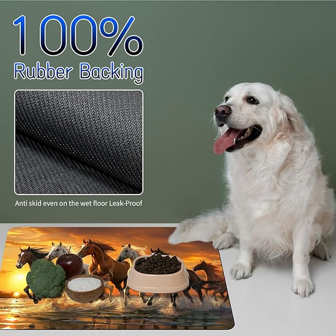 Dog Food Mat, 15.7" x 23.6" Absorbent Pet Feeding Mat for Food and Water, Waterproof Diatom Mud Pet Placemat with Non-Slip Rubber Backing, Easy Clean Cat Bowl Mat for Floors - Running Horse