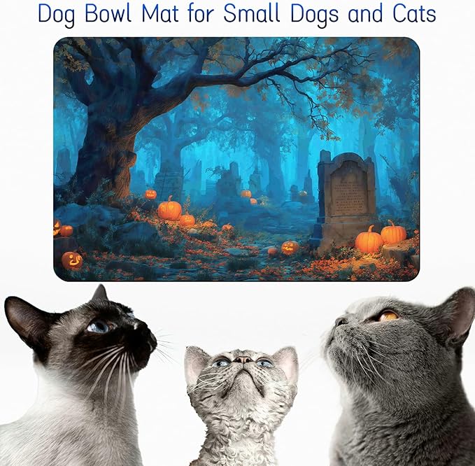 Dog Food Mat, 15.7" x 23.6" Absorbent Pet Feeding Mat for Food and Water, Waterproof Diatom Mud Pet Placemat with Non-Slip Rubber Backing, Cat Bowl Mat for Floors - Terrifying Forest