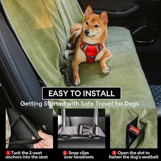 FUNNY FUZZY Dog Car Seat Cover for Back Seat, Back Seat Pet Cover for Dogs Waterproof, Scratchproof Dog Backseat Cover, Non-Slip Bench Car Seat Protector, Universal Fit Most Cars, SUVs, Trucks, Green