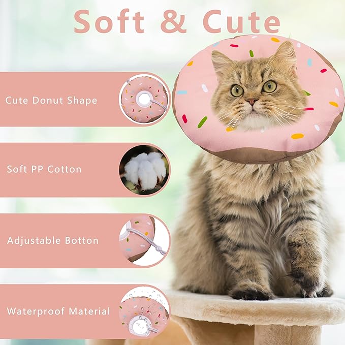 Seyezo Cat Cone Collar Soft, Adjustable Cat Recovery Collar Kitten Cones to Stop Licking, Cute Donut E Collar After Surgery, Cats Neck Pillow Cone Elizabethan Cones of Shame (Waterproof Pink, Large)