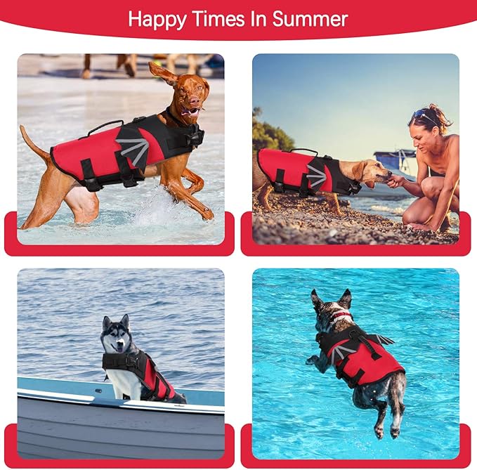 ROZKITCH Dog Life Jacket, Red Ripstop Pet Floatation Evil Life Vest for Small Middle Large Dog, Safe Durable Comfortable Adjustable Preserver with High Buoyancy for Swimming Boating at Pool Beach