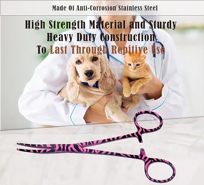 Dog Pet Ear/Nose Hair Puller Grooming Hemostat Locking Forceps Curved Pliers, 5.5" (14cm) Full Serrated Clamps Stainless Steel (Pink Candy Swirls)