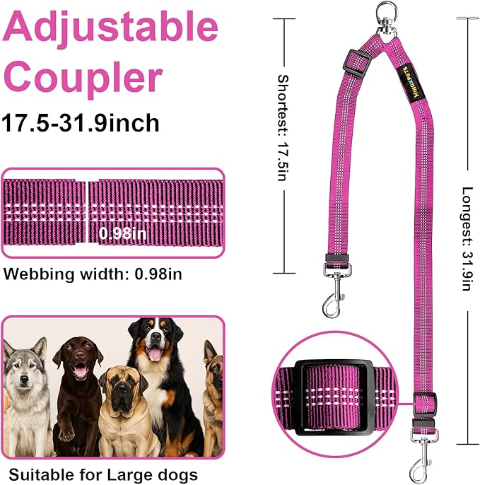 MingXpet Double Dog Leash for Two Dogs, No Pull Dog Leash, 360° Swivel No Tangle for Large Dogs Walking & Training, Shock Absorbing Reflective Bungee, Rose