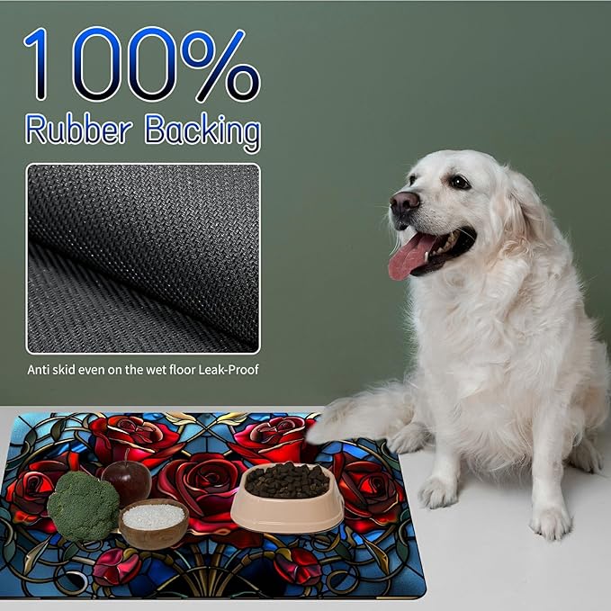 Dog Food Mat, 19.6" x 23.6" Absorbent Pet Feeding Mat for Food and Water, Waterproof Diatom Mud Pet Placemat with Non-Slip Rubber Backing, Easy Clean Cat Bowl Mat for Floors - Red Rose