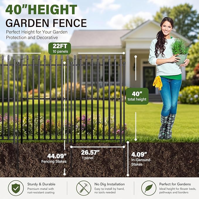 10 Panels No Dig Decorative Garden Fence, 40in(H)×22ft(L) Heavy-Duty Rustproof Metal Panels, Outdoor Dog Barrier for Yard & Patio, Landscape, Border| Portable Temporary Fencing