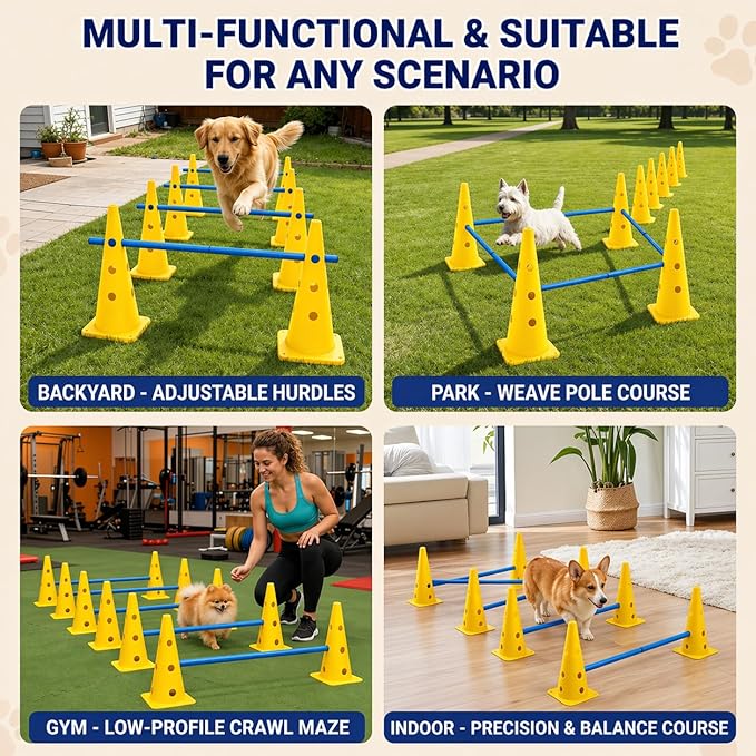 Dog Agility Training Jumping Hoop for Small Medium Dogs, Adjustable Height Pet Exercise Equipment for Outdoor Backyard (12 Cone Set)
