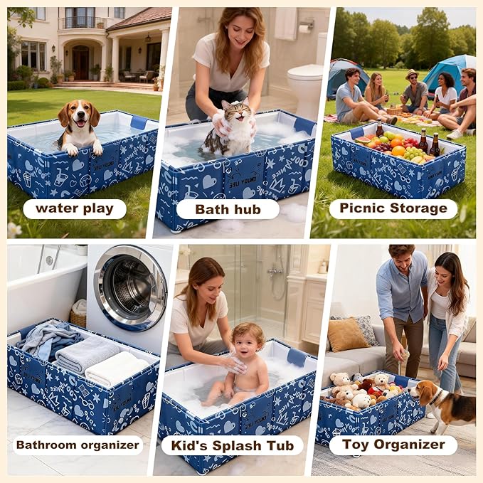 Foldable Dog Bathtub for Small to Medium Dogs & Cats, Collapsible Pet Bath Tub for Shower/Kitchen Sink, Thickened Insulated Base, Portable & Space-Saving Puppy Wash Basin, 27.5" x 15.7" x 9", Blue
