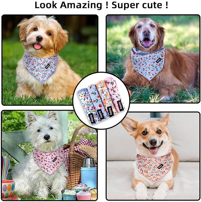 Dog Bandanas Spring-4PCS Puppy Bandana Orange Pink Blue Floral Printing Dog Bib Handkerchief Scarf Breed Accessories for Small Medium Large Dogs Cats Pets Gift