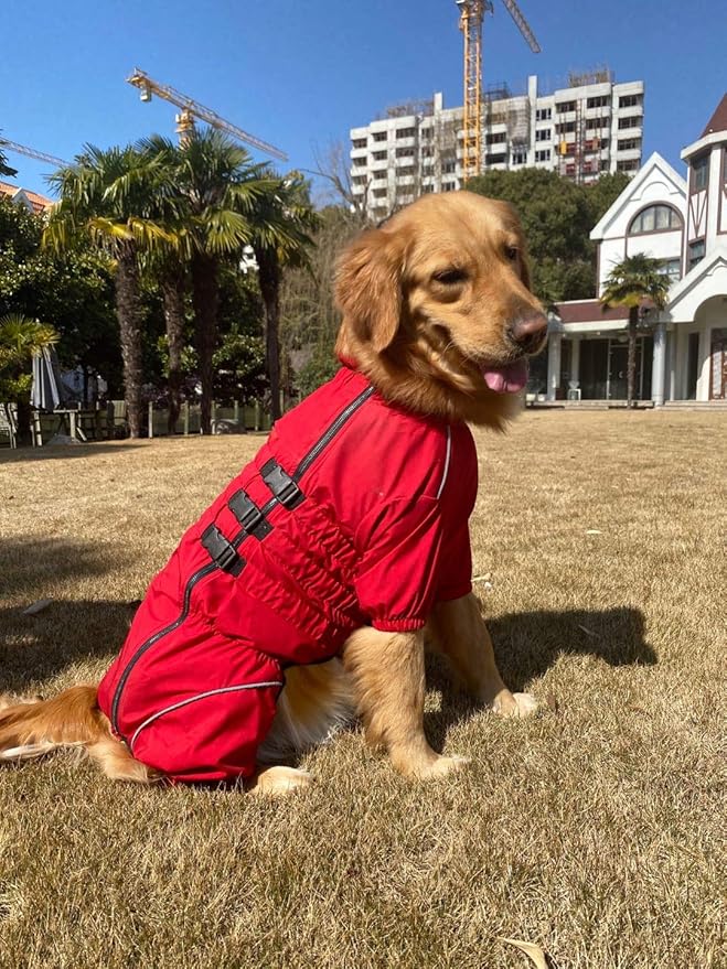 Lovelonglong Waterproof Dog Raincoat – 4-Leg Full Body Dog Rain Suit with Reflective Strips & Leash Opening, Outdoor Dog Jacket for Rainy Weather