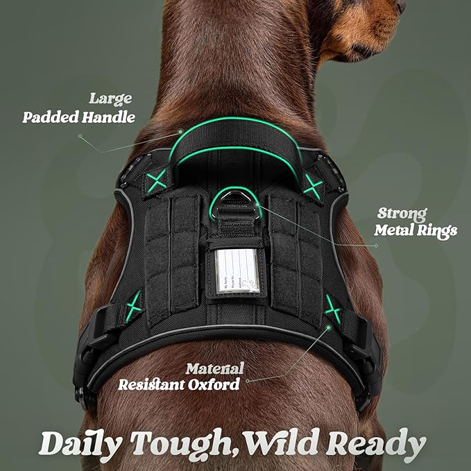 rabbitgoo Dog Harness for Large Dogs No Pull, Tactical Service Pet Vest with Molle and Control Handle, Adjustable and Reflective Military Harness for Easy Walking and Training, Black, XL