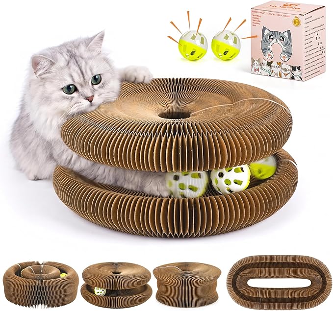 Kitty Kurls Cat Scratcher Toy, Magic Organ Cat Scratching Board Toy for Physical Exercise, Interactive Cardboard Cat Toy for Indoor Kittens/Cats Relieve Boredom, Gray/Brown, S