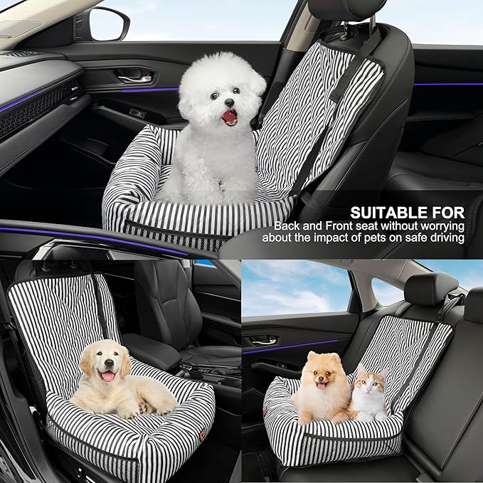 Dog Car Seat for Small and Medium Dogs, Booster Seat Sofa Pet Bed, Portable Car Travel Carrier Bed (Black Stripes-Thick Filling)