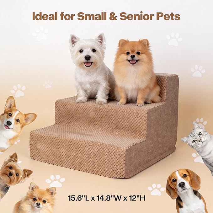 3 Step Dog Stairs for Small Dogs Cats, Brown Mesh Pet Steps, Non-Slip Pet Stairs for Couch Sofa Bed, Indoor Portable Dog Ramp with Zipper Bottom for Medium Large Dogs and Puppy
